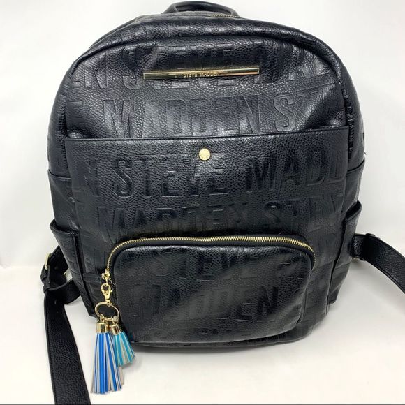 Steve Madden Handbags - Steve Madden Black Faux Leather Logo Backpack